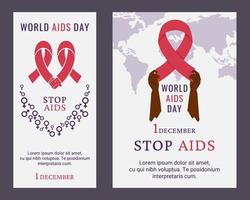 World AIDS day poster, flyer. Black people holding red ribbon as symbol of the AIDS control. Support for hiv infected people. World map with gender signs, lettering. Vector illustration