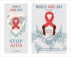 cartel del día mundial del sida, volante. negros con cinta roja como símbolo del control del sida. apoyo a las personas infectadas por el vih. mapa mundial con signos de género, letras. ilustración vectorial vector