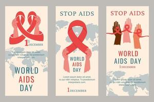 conjunto de volantes, carteles para el día mundial del sida. manos humanas de diferente color y nacionalidad con cinta roja. tierra, letras, elementos para cualquier propósito. apoyo a las personas infectadas por el vih. vector