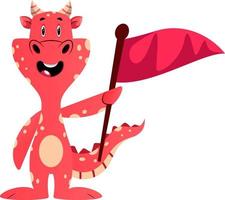 Red dragon is holding flag, illustration, vector on white background.