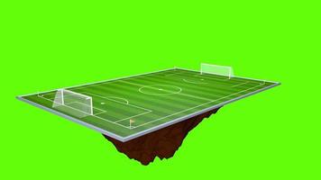 campo de fútbol vacío que flota girando 360 grados contra el fondo de la clave cromática. Animación 3D video