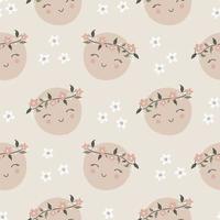 Seamless childish pattern with funny planet characters. Trendy space texture for fabric, apparel, textile, wallpaper. Cute kids print. Vector illustration.