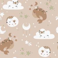 Seamless pattern with whales and moon in Scandinavian style. Cute baby animals. Pattern for children with whales. vector