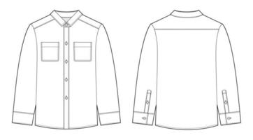 Blank shirt with pockets and buttons technical sketch. Unisex casual shirt mock up. vector