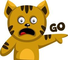 Yellow cat pointing finger and saying Go vector sticker illustration on a white background