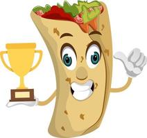 Burrito with trophy, illustration, vector on white background.