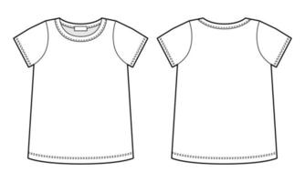 boceto técnico de camiseta en blanco. plantilla de diseño de contorno de camiseta femenina. maqueta de camiseta de manga corta. vector