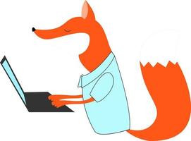 Fox trabajando en la parte superior de la computadora portátil, ilustración, vector sobre fondo blanco.