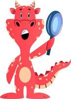 Red dragon is holding magnifying glass, illustration, vector on white background.