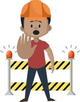 Boy is showing stop road closed with hand, illustration, vector on white background.