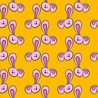 Bunny head with long ears, seamless pattern on yellow background. vector