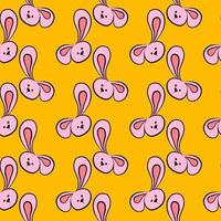 Bunny head with long ears, seamless pattern on yellow background. vector