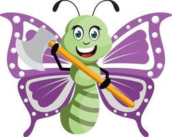 Butterfly with axe, illustration, vector on white background.