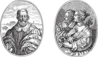 Nobleman from Venice and his wife Leonella, Crispijn van de Passe II, 1641, vintage illustration. vector
