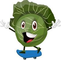 Cabbage is riding a blue skateboard, illustration, vector on white background.