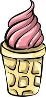 Pink ice cream in a very small cone, illustration, vector on a white background.