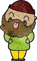 Retro grunge texture cartoon man with beard tongue out vector