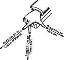 Right Hand Rule of Induced Current or Fleming's rule for direction of induced current, vintage illustration. vector