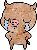 Retro grunge texture cartoon crying pig vector