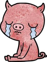 Retro grunge texture cartoon pig crying vector