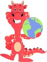 Red dragon is holding planet, illustration, vector on white background.