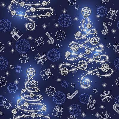 Christmas background with gears, rivets, wire, sparkles and christmas tree made of silver wire, gears, sparkles, little scattered stars on a blue backdrop. Seamless pattern, steampunk style