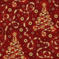 Christmas seamless pattern in steampunk style with gears, rivets, wire, sparkles and christmas tree on a red background. Outline gearwheels behind. vector