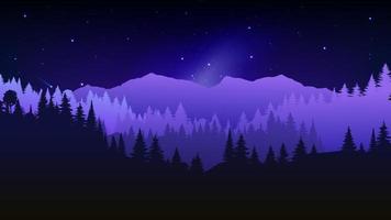 paisaje de silueta con niebla, bosque, pinos, montañas. ilustración de vista nocturna, niebla. azul marino. bueno para papel tapiz, fondo, banner web, portada, afiche