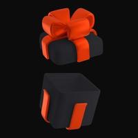 Black gift box with open lid and bow 3d. Vector decorative element for festive design. Suitable for voucher, Black Friday