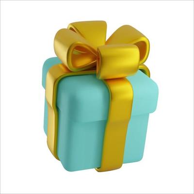 Gift box blue with gold bow 3d render. Vector illustration for a festive Christmas or birthday design. Realistic present