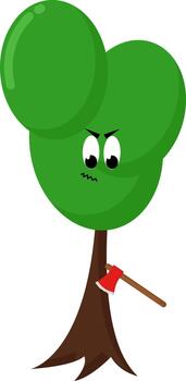 Tree with ax, illustration, vector on white background.
