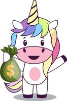 Unicorn with money bags, illustration, vector on white background.