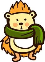 Hedgehog with green scarf, illustration, vector on white background.
