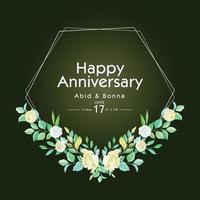 Deep off-white rose with green leaves anniversary card with polygon frame vector