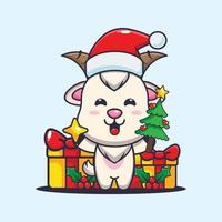 linda cabra sosteniendo estrella y árbol de navidad. linda ilustración de dibujos animados de navidad. vector