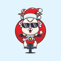 linda cabra llevando regalo de navidad con motocicleta. linda ilustración de dibujos animados de navidad. vector