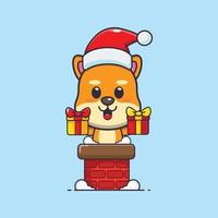 lindo perro shiba inu con sombrero de santa en la chimenea. linda ilustración de dibujos animados de navidad. vector