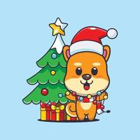 lindo perro shiba inu con lámpara de navidad. linda ilustración de dibujos animados de navidad. vector