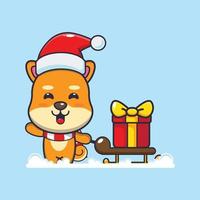 Cute shiba inu dog carrying christmas gift box. Cute christmas cartoon illustration. vector