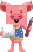 Pig with pen and envelope, illustration, vector on white background.