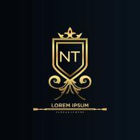 NT Letter Initial with Royal Template.elegant with crown logo vector, Creative Lettering Logo Vector Illustration.