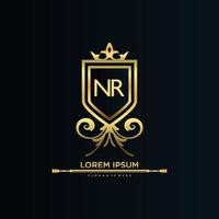 nr letra inicial con plantilla real.elegante con vector de logotipo de corona, ilustración de vector de logotipo de letras creativas.