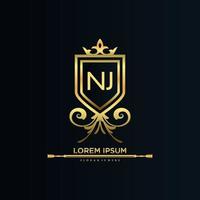 NJ Letter Initial with Royal Template.elegant with crown logo vector, Creative Lettering Logo Vector Illustration.