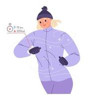 Woman runs outside in winter and looks at smart watch checking her heart rate, pulse, calories, distance. vector