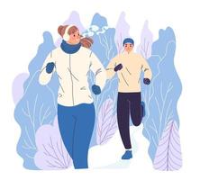 Two people are running through the woods in winter. vector