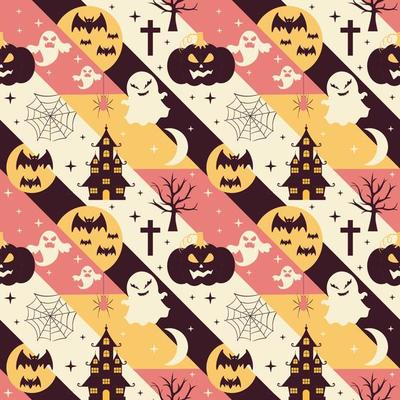 Halloween Seamless Pattern Design With Witch, Haunted House, Pumpkins or Bats in Template Hand Drawn Cartoon Flat Illustration