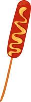 Sausage on a stick with mustard, illustration, vector on a white background.