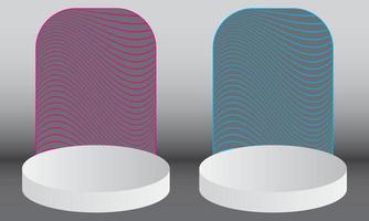 Set of pink and blue realistic 3d cylindrical standing podium on arched window. Vector abstract studio space with geometric platform. Minimal wall scene for product storefront, promotion display.