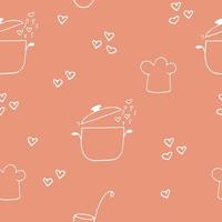 saucepan and steam with hearts, chefs hat, ladle seamless pattern hand drawn in doodle style. wallpaper, background, textile, wrapping paper. scandinavian, simple, minimalism, monochrome vector