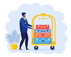 Bellhop carrying luggage and bags by trolley, cart. Smiling bellboy. Hotel staff vector